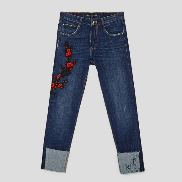 Zara Jeans Nwt Zara Cuffed Whimsical Embroidered Jeans Poshmark